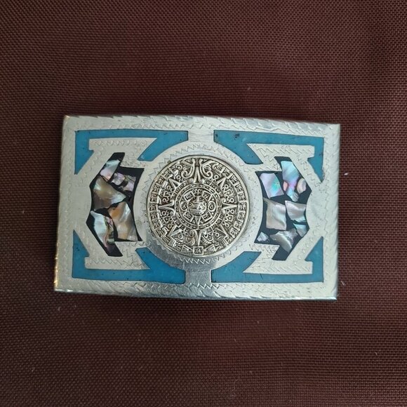 Other - Vintage Aztec Sun Dial Belt Buckle – Silver with Blue Accents